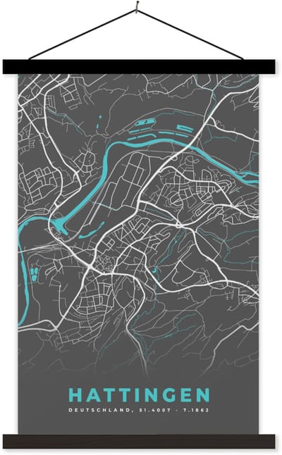 Posterhanger incl. Poster 60x90 cm - Schoolplaat - Hattingen – Stadskaart – Blauw – Plattegrond – Stadskaart – Kaart - Duitsland - Textielposter - Zwarte latten - Stadskaart