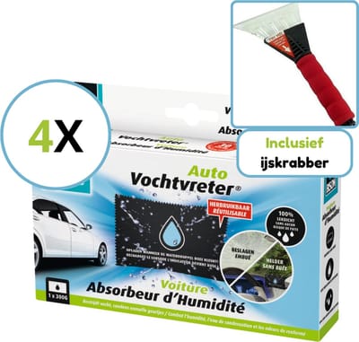 Bison Auto Vochtvreter - Auto Ontvochtiger - Herbruikbaar - 300 gram - 4 Stuks - Inclusief ijskrabber