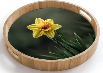 Dienblad rond 40x40 cm - Schootdienblad hout - Bloem - Narcis - Gras - Geel - Borrelplank rechthoek - Plateau houten dienbladen