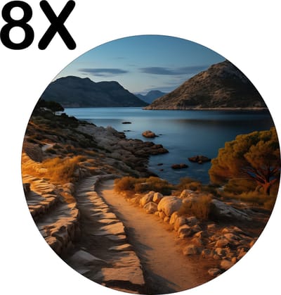 Luxe Ronde Placemat - Landschap - Nacht - Bergen - Meer - Set van 8 Placemats - 40x40 cm - 2 mm dik Vinyl - Anti Slip - Afneembaar