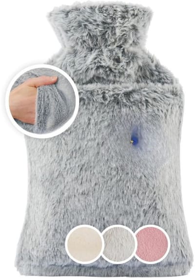 Famanu - Premium warmwaterkruik met imitatiebont hoes – natuurrubber kruik met handwarmer – grijs