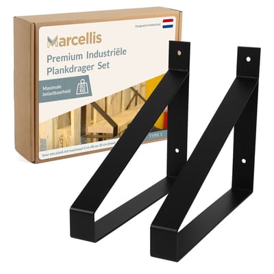 Marcellis - 2x Industriële plankdrager XL - Voor plank 30cm + schroefset - mat zwart - staal - T1