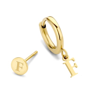 CO88 Collection Alphabet 8CE-70362 Stalen oorknop en oorring - letter F - 6 mm and 12mm - Initiaal sieraad - Goudkleurig