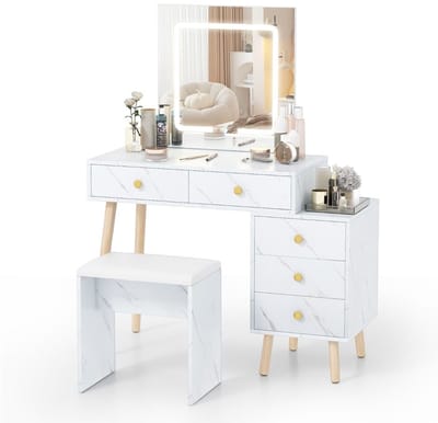 Kaptafel met spiegel en verlichting - Make up tafel - Make up - Toilettafel -Met lades - Kaptafels - Met kast - Wit + Naturel