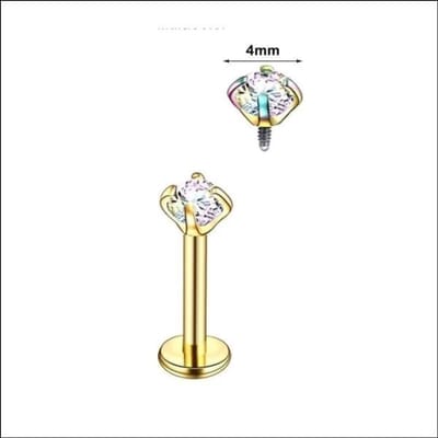 Aramat Jewels | Piercings | RVS Labret Piercing met Ronde Zirkonia 6x1.2mm - Helix Tragus Stud | Goudkleurig / 4mm / AB Transparant | |3mm | Staal | Volwassenen | Verkleurd niet