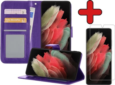 Hoesje - Met Screenprotector - Geschikt voor Samsung Galaxy S21 Ultra - Luxe Pasjeshouder - Flipcase - Bookcase Portemonee - Flip Case - Kunstleer Book Case - Book Cover - Walletcase - Portemonneehoes - Telefoonhoes - Paars