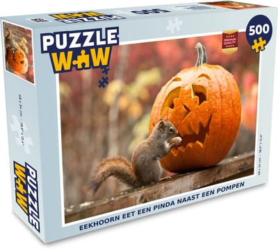 Puzzel Eekhoorn eet een pinda naast een pompen - Legpuzzel - Puzzel 500 stukjes