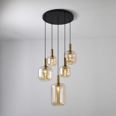 HOFTRONIC – Hanglamp Xirena ambra V – Vijf amberkleurige glazen bollen – Dimbaar – E27 fitting – Aluminium en glas – IP20 – 230V – Hanglamp eetkamer woonkamer