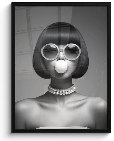 Fotolijst incl. Poster Zwart Wit- Vrouw - Zwart Wit - Ketting - Zonnebril - 50x70 cm - Posterlijst