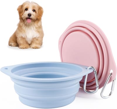2 stuks opvouwbare reisschaal, lekvrije hondenbak, opvouwbaar, van siliconen, waterbak voor honden onderweg en huisdieren voor water en voer (roze, blauw)
