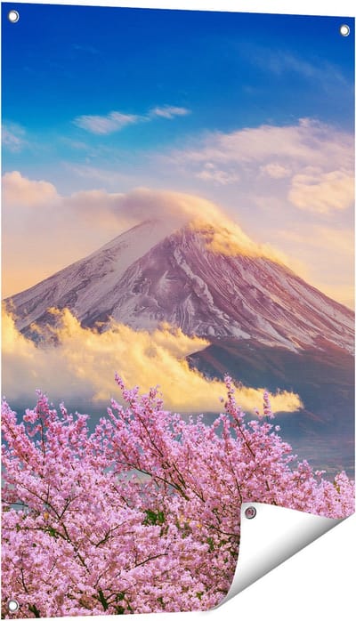 Gards Tuinposter Fuji Berg met Roze Bloesembomen - Bloemen - 60x90 cm - Tuindoek - Tuindecoratie - Wanddecoratie buiten - Tuinschilderij