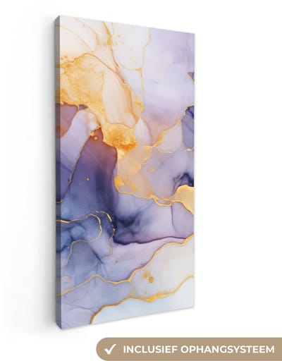 Canvas schilderij 20x40 cm - Wanddecoratie Marmer - Paars - Lila - Goud - Abstract - Muurdecoratie woonkamer - Slaapkamer decoratie - Kamer accessoires - Schilderijen op canvas