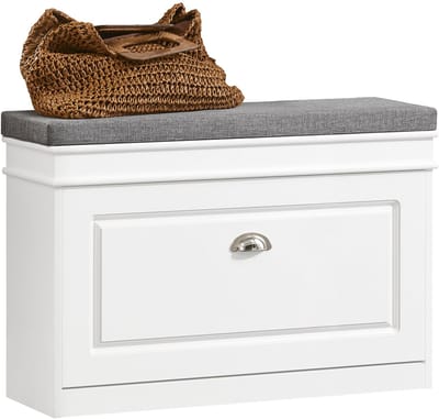SoBuy Schoenenbank met Zitkussen, Schoenenkast met 1 Kleppen, Schoenenrek, Wit, 75x24x52 cm, FSR82-L-W - voor hal, woonkamer