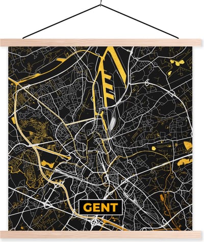 Posterhanger incl. Poster 40x40 cm - Schoolplaat - Kaart - Gold - Plattegrond - Gent - Stadskaart - Textielposter - Blanke latten - Stadskaart