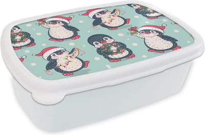 Broodtrommel Wit - Lunchbox - Brooddoos - Pinguïn - Lichtsnoer - Kerstkrans - Patronen - 18x12x6 cm - Volwassenen