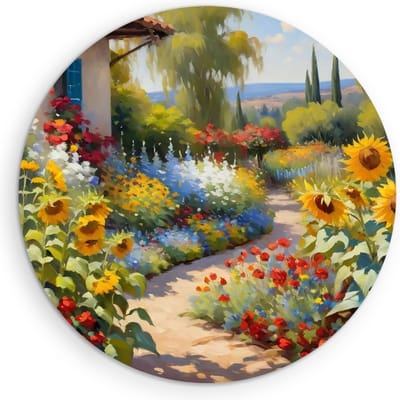 Saammp Muurcirkel Hout - Bloementuin - Kleurrijk - Natuur - Ø 90 - Wandcirkel - Wanddecoratie Cirkel - Muurdecoratie Woonkamer - Slaapkamer decoratie - Rond Schilderij