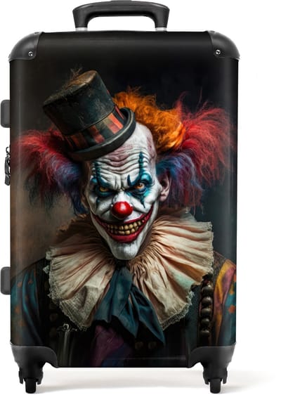 NoBoringSuitcases.com - Koffer - Hardcase koffer - Trolley op wieltjes - Grote koffer - Clown - Hoed - Kraag - Portret - Killer clown - 20 kg bagage - Reiskoffer - Lichtgewicht - 66 cm - Fotokoffer - 72 liter - Koffertje - TSA slot
