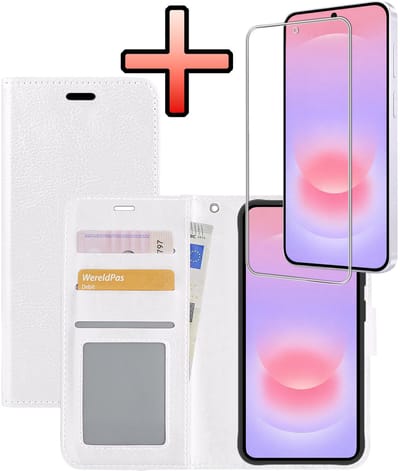 Hoesje - Met Screenprotector - Geschikt voor Samsung Galaxy A37 - Luxe Pasjeshouder - Bookcase Portemonee - Flip Case - Kunstleer Book Case - Flipcase - Book Cover - Walletcase - Portemonneehoes - Wit