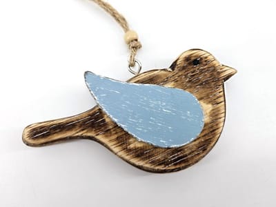 Vogel hangend 7x12cm naturel / blauw