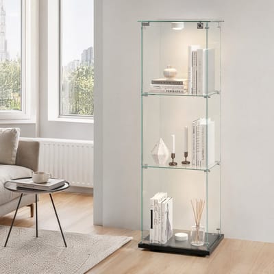 Vitrinekast met glas 3 legplanken en RGB LED verlichting, zwart design