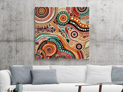 Modern aboriginal schilderij | Hedendaags Inheems Kunstwerk Erfgoed geïnspireerd door traditionele Aboriginal Kunst | Kunst - 60x60 centimeter op Dibond | Foto op Dibond