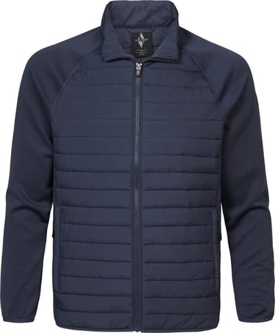 Skechers GoShield Hybrid heren jas. Deze tussenseizoensjas heeft een gewatteerde body en luchtige mouwen. De body is van 100% polyester, de mouwen zijn van 95% polyester en 5% elastaan. - Blauw - Maat S