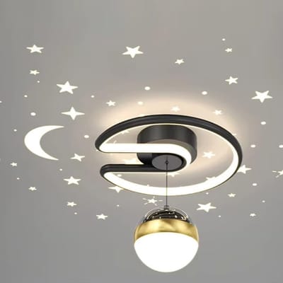 Moderne plafondlamp - Maan- en sterrenprojector - Dimbaar LED-plafondarmatuur - Plafondkroonluchter - voor kinderkamer, keuken, balkon, hal, zwart