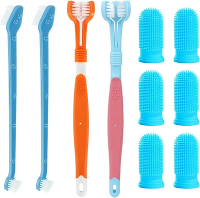 Famanu – Hondentandenborstelset, set van 2 drievoudige hoofden hondentandenborstels met 2 dubbele dode tandenborstels en 6 vingertandenborstels voor h