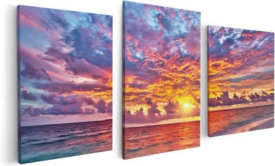 Artaza Canvas Schilderij Drieluik Zonsondergang Op Het Strand In De Malediven - 120x60 - Foto Op Canvas - Canvas Print