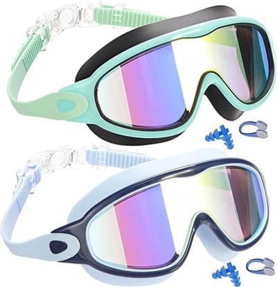 2 Pack Kinder Zwembril UV Bescherming Anti-Mist Zwembad en Zee Voor Jongens en Meisjes 3-15 Jaar - Zwart en blauw & zwart en groen