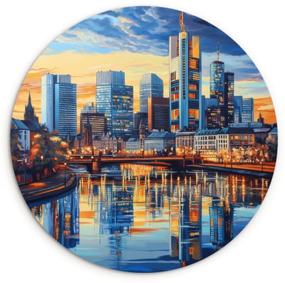 WallCircle® Wandcirkel 120x120 cm - Muurcirkel Zonsondergang Frankfurt - Stad - Skyline - Water - Muurdecoratie woonkamer - Wanddecoratie slaapkamer - Kamer decoratie accessoires - Ronde schilderijen XXL