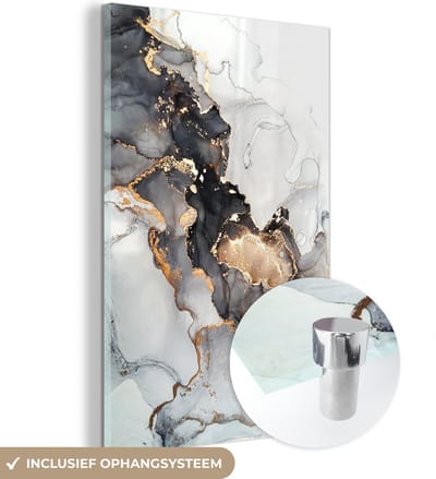 Glasschilderij abstract - Marmer - Goud - Marmerlook - Zwart - Schilderijen woonkamer - Schilderij glas - Foto op glas - Glasplaat - Kamer decoratie - 40x60 cm - Wanddecoratie - Muurdecoratie - Slaapkamer