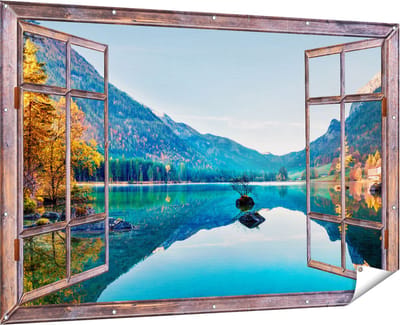 Gards Tuinposter Doorkijk Meer met Herfstbomen - 180x120 cm - Tuindoek - Tuindecoratie - Wanddecoratie buiten - Tuinschilderij