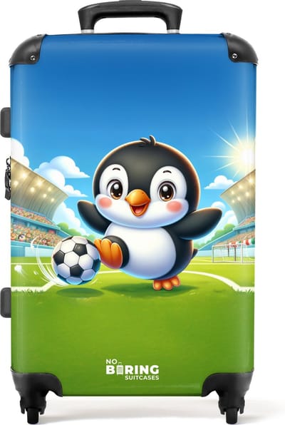 NoBoringSuitcases.com - Grote koffer - Pinguïn met voetbal in een stadion - Kinderkoffer jongen - Reiskoffer met 4 wielen - Trolley op wieltjes - Rolkoffer groot kinderen - 72 liter - Ruimbagage valies 20kg