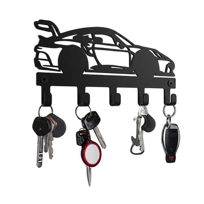 Zwart metalen sleutelhouder auto design sleutelkastje wandrek met 5 haken voor sleutels entree hal garage en kantoor