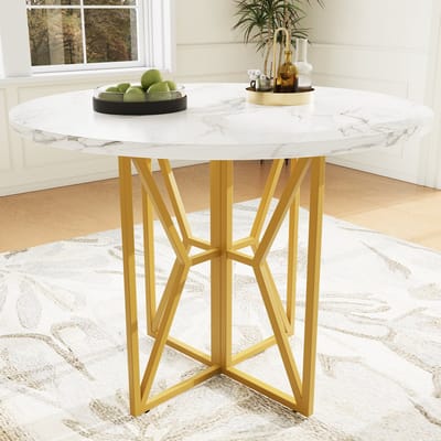 Ronde Eettafel - Keukentafel - 80 x 80 x 76 cm - Eettafel Voor 4-6 - Eettafel met Metalen Onderstel - Geschikt voor restaurants en woonkamers - Goudkleurig
