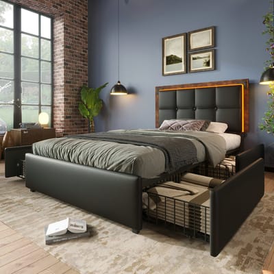 VVBV Gestoffeerd Opbergbed 90x200 cm - 4 Lades, LED-Verlichting, Verstelbaar Hoofdbord - PU-leer Zwart - Zonder Matras