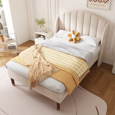 STILVORA Gestoffeerd Bed 90x200 cm – Eenpersoonsbed Met Lattenbodem & Hoog Hoofdeinde – Geluidsarme Houten Latten – Fluweel – Beige – Zonder Matras