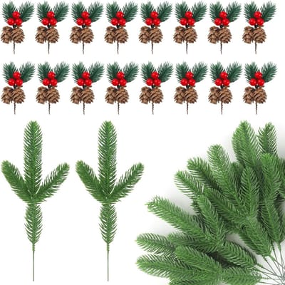 Set van 32 Kunstmatige Dennentakken met Rode Bessen voor Kerstdecoratie, Tafelversiering en Bloemarrangementen, Duurzaam en Realistisch