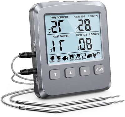 Digitale Vleesthermometer met Dubbele Sonde, Grill- en Kookthermometer met 8 Vooraf Ingestelde Temperaturen, LCD Scherm en Alarm voor Keuken, BBQ, Oven en Rookoven