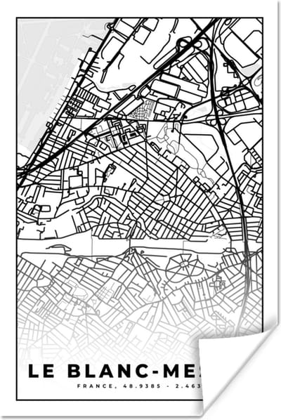 Poster Plattegrond - Kaart - Frankrijk - Stadskaart - Le Blanc-Mesnil - Zwart wit - 120x180 cm XXL