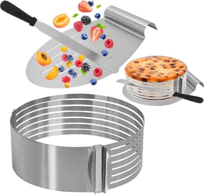 Taartringset, taartbodem snijhulp + Ø 16-30 taartring, verstelbaar + taartmes lang + Ø 24-30 taartschep roestvrij staal, taartsnijhulp, bakaccessoires voor keuken (3-zilver)