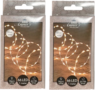 Anna's Collection Draadverlichting lichtsnoer - 2x - 66 led lampjes - warm wit - zilver draad - 100 cm - lichtdraad - kerstverlichting