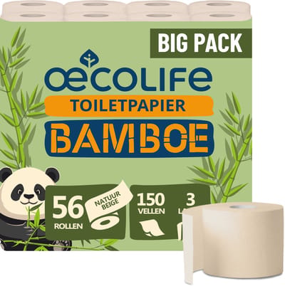 Bamboe toiletpapier, 3-laags, 56 rollen van 150 vellen, superzacht, getest door Dermatest, duurzaam en milieuvriendelijk, zacht voor de huid, beige papier