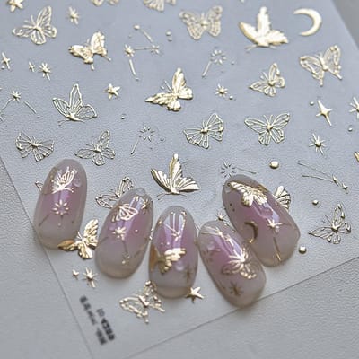Gouden Ster Vlinder Nail Art Stickers voor Manicure, 5D Ontwerp, Creatieve Nagelversiering en Decoratie
