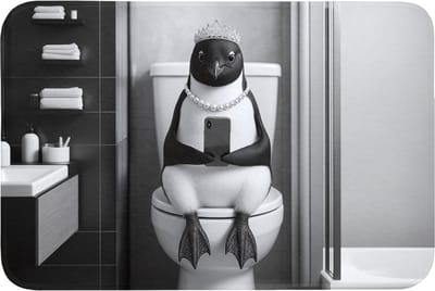Badmat 90x60 cm - Antislip - Pinguïn - Telefoon - Toilet - Zwart - Wit - Badmatten voor badkamer - Badkamermat - Douchemat - Badkamer mat