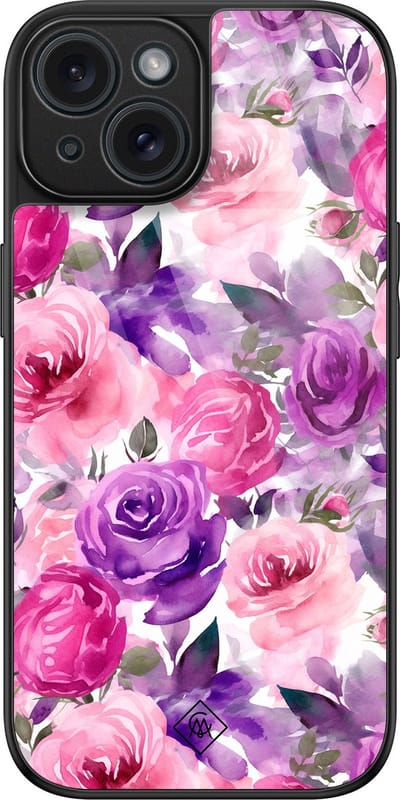 Casimoda® hoesje - Geschikt voor iPhone 15 - Rosy Blooms - Luxe Hard Case Zwart - Backcover telefoonhoesje - Roze