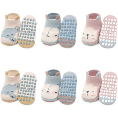 6 Paar Kinderkatoensokken Antislip Jongens en Meisjes Schattig Cartoon Dierpatroon Comfortabel Ademend Baby Vloersokken S 0-1Y 9-11cm gray