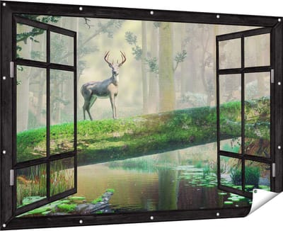 Gards Tuinposter Doorkijk Hert in het Bos op een Boom - 180x120 cm - Tuindoek - Tuindecoratie - Wanddecoratie buiten - Tuinschilderij