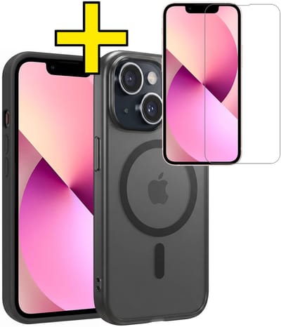 Hoesje - Met Screenprotector - Geschikt voor Apple iPhone 14 - Magsafe Compatible - Sterk & Shockproof - Back Cover - Shock Proof Case - Telefoon Hoes - Telefoonhoesjes - Zwart
